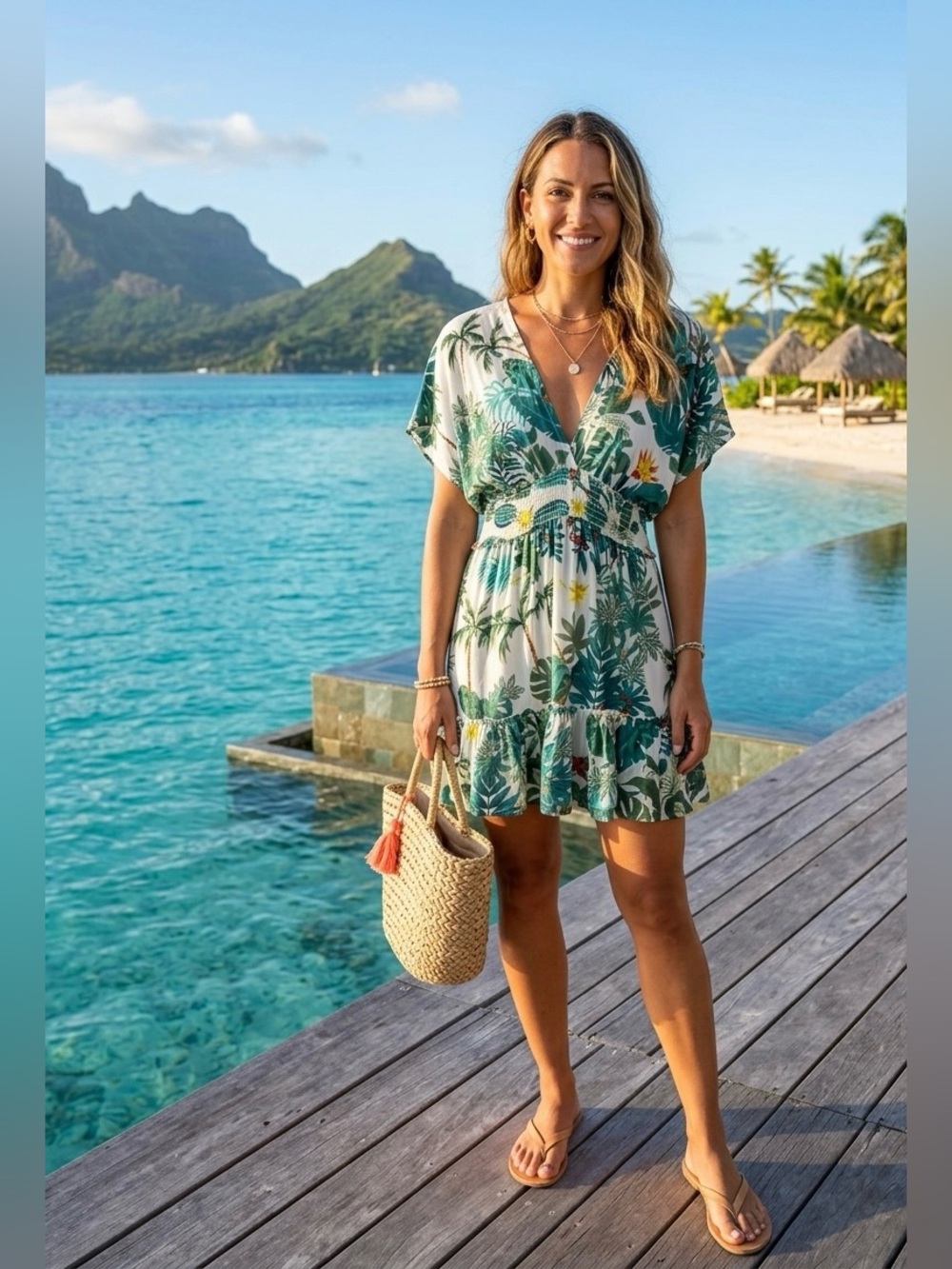 Green Tropical Print V-Neck Mini Sundress Swim Cover-Up Size S